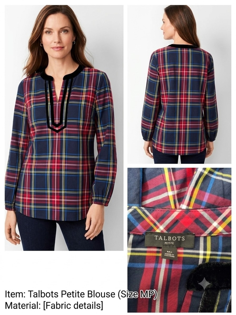 Talbots Petite Navy and Red Plaid Tunic Blouse